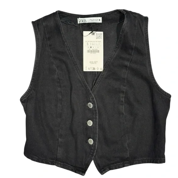 ZARA Cropped Black Denim Vest – Size S – New With Tags - Picture 4 of 4